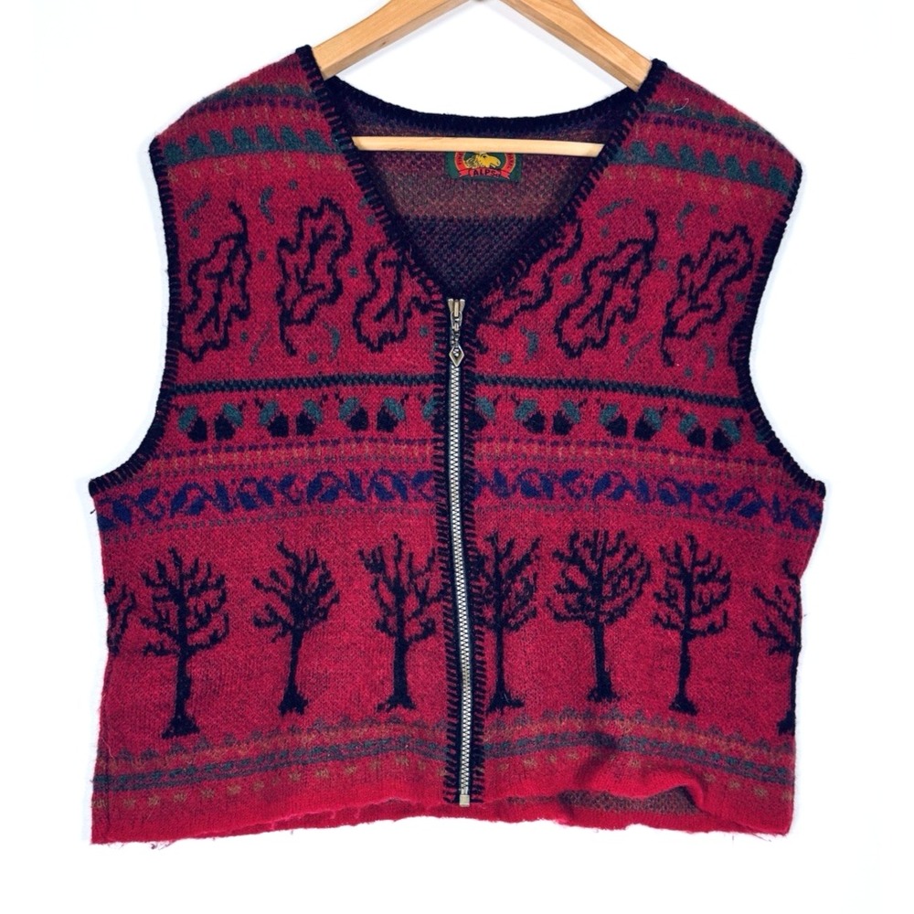 ALPS Wool Sweater Vest Womens Large Red Tree Fair Isle Full Zip Nordic Knit